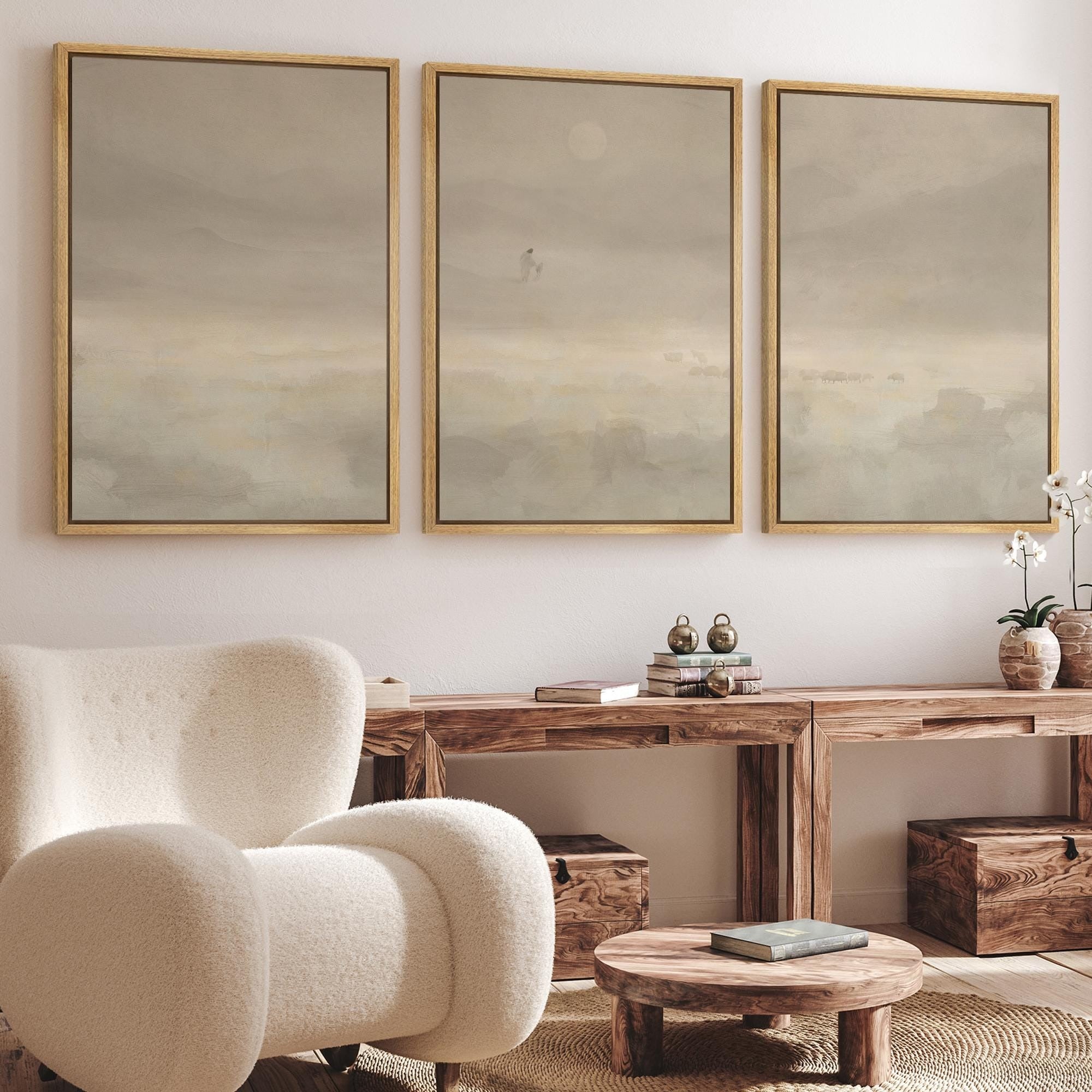 Jesus & Sheep Poster – Set of 3 Framed Minimalist Christian Prints, Pastoral Abstract Landscape in Soft Neutrals for Church or Home DecorGift, Minimalist Christian Art Jesus